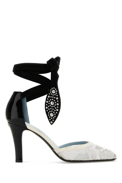 Valentino Garavani Two-tone Lace And Leather Foliefoliage Pumps In Ivory/nero