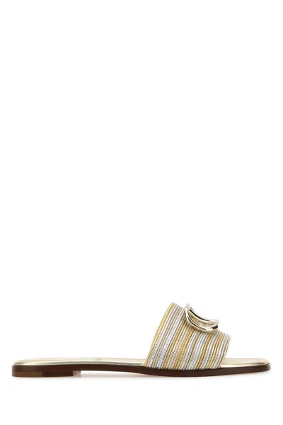 Valentino Garavani Two-tone Leather Vlogo Signautre Slippers In Silver