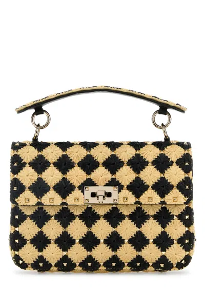 Valentino Garavani Two Tone Raffia Medium Rockstud Spike Handbag In Brown