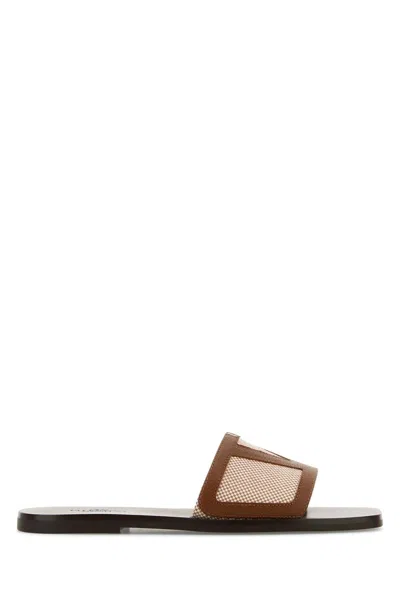 Valentino Garavani Two-tone Canvas And Leather Superstar Slippers In Brown