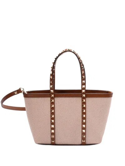 Valentino Garavani Two-tone Canvas Medium Rockstud Handbag In Neutral