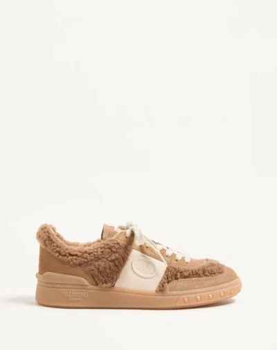 Valentino Garavani Upvillage Trainer In Wool And Crust Leather Woman Camel/glace 40.5