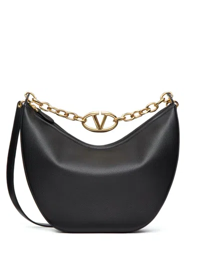 Valentino Garavani V Logo Moon Medium Leather Hobo Bag In Black