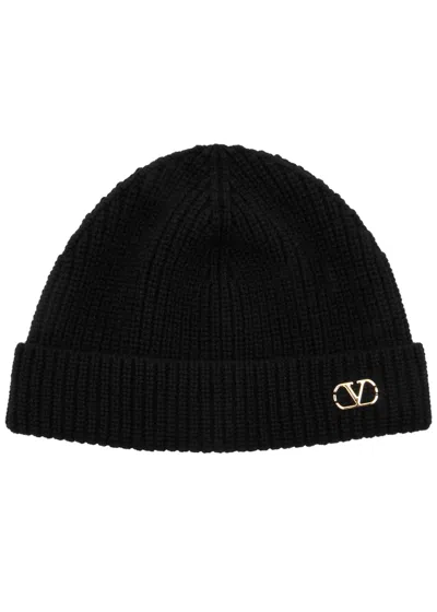 Valentino Garavani Cashmere Ribbed Texture Beanie With Turn-up Brim In Black