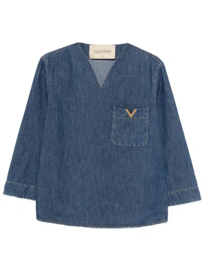Valentino Garavani V-neck Denim Shirt With Logo Clothing In Blue