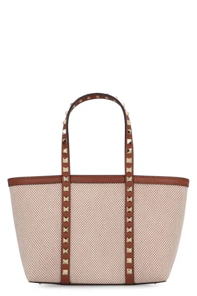 Valentino Garavani - Rockstud Leather And Canvas Mini Tote Bag In Beige