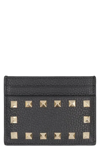 Valentino Garavani Rockstud Leather Card Holder In Black