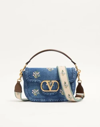 Valentino Garavani Embroidered Flower Vlogo Denim Shoulder Bag In Multi