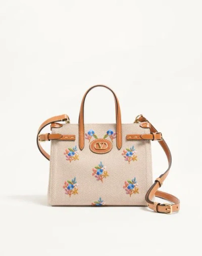 Valentino Garavani Antibes Small Canvas Shopping Bag With Embroidery Woman Natura In Brown
