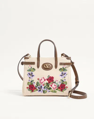Valentino Garavani Antibes Small Embroidered Linen Shopping Bag Woman Ecru/multic