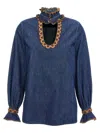 Valentino Womens Embroidered Frilled Cotton-denim Shirt Medium Blue Denim