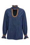 Valentino Womens Embroidered Frilled Cotton-denim Shirt Medium Blue Denim