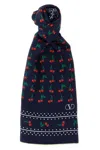 Valentino Cherry Print Polka Dot Border Scarf In Blue