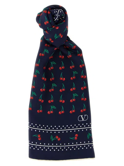 Valentino Cherry Print Polka Dot Border Scarf In Blue