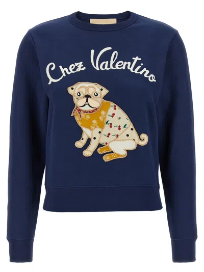 Valentino Dog Design Cotton Sweatshirt In Blue