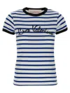 Valentino Womens Striped Embroidered Cotton-jersey T-shirt Avorio Blu
