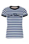 Valentino Womens Striped Embroidered Cotton-jersey T-shirt Avorio Blu