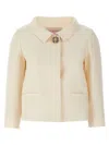 Valentino Crepe Jacket With Collared Neck And Decorative Brooch In Neutral