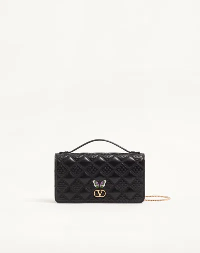 Valentino Garavani Flutterby Chain Wallet In Shiny Nappa Leather With Butterfly E In Black