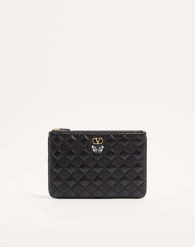 Valentino Garavani Flutterby Clutch In Shiny Nappa Leather With Butterfly Embroid In ブラック
