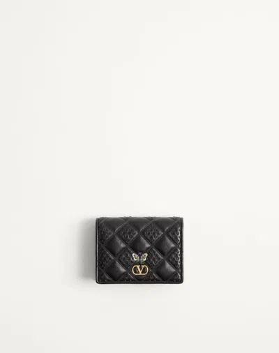 Valentino Garavani Flutterby Wallet In Shiny Nappa Leather With Butterfly Embroid In ブラック