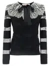 Valentino Bow-embellished Striped Lace-trimmed Wool Sweater