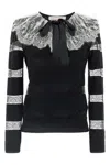 Valentino Bow-embellished Striped Lace-trimmed Wool Sweater In Black
