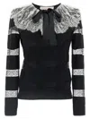Valentino Bow-embellished Striped Lace-trimmed Wool Sweater In Multicolor