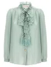 Valentino Crepe Shirt With High Neck And Ruffled Neckline In Green