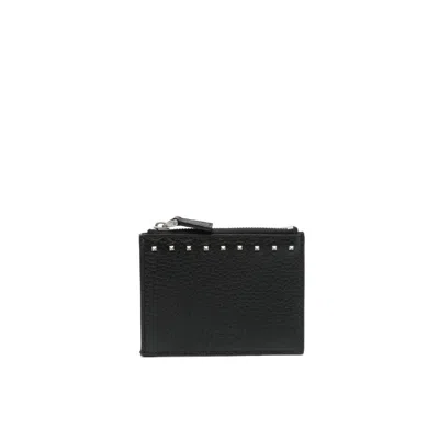 Valentino Garavani Rockstud Zipped Card Case In Grainy Leather In Black