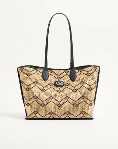 Valentino Garavani Medium Raffia Shopping Bag With A Geometric Pattern Woman Natu In Brown