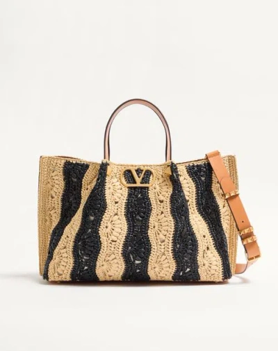 Valentino Garavani Medium Raffia Shopping Bag With Wave Motif. Woman Natural/blac In Black