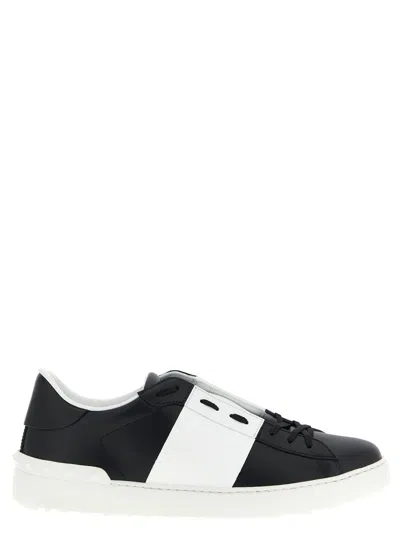 Valentino Garavani Black Leather Open Sneakers With White Band In Multi