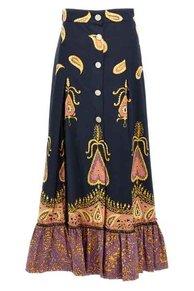 Valentino Paisley High Waist Skirt With Ruffled Hem In Indaco Multicolor