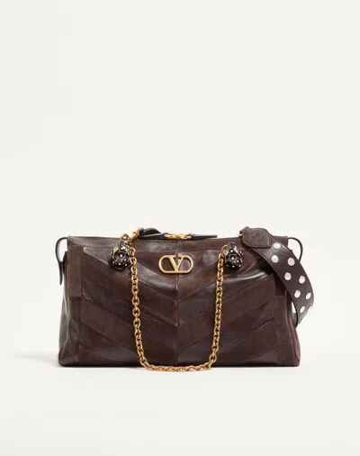 Valentino Garavani Panthea Medium Shoulder Bag In Suede And Nappa With Chevron Mo In Brown