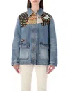 Valentino Denim Jacket Padded Collared Neck Patchwork In Blue