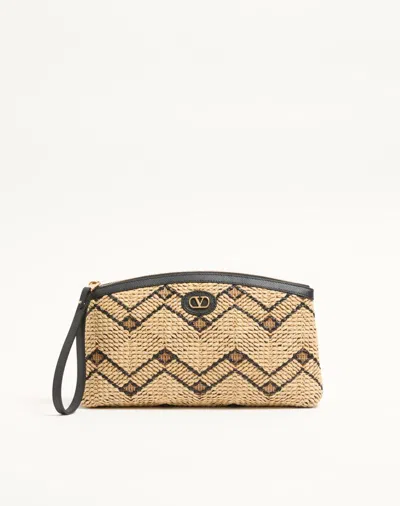 Valentino Garavani Raffia Clutch Bag With Geometric Pattern In Neutral