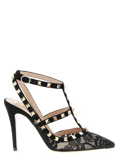 Valentino Garavani Valentino Rockstud 100 Lace And Suede Pumps In Black
