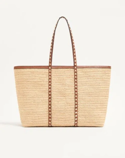 Valentino Garavani Rockstud Raffia Shopping Bag. Woman Natural/saddle Brown Uni