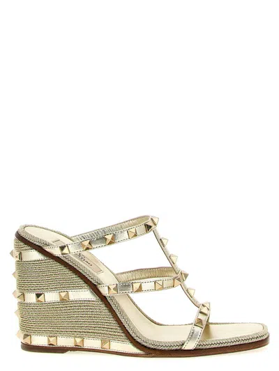 Valentino Garavani Rockstud Wedge Sandal In Laminated Nappa With Cornely Embroidery 100mm Woman Plat In Platinum