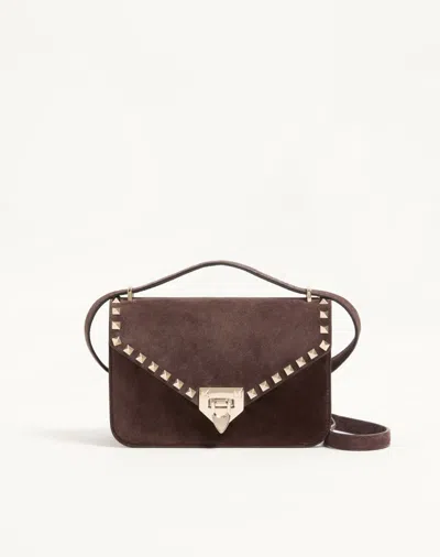 Valentino Garavani Rockstud Small Shoulder Bag In Suede Woman Ebony Uni In Brown