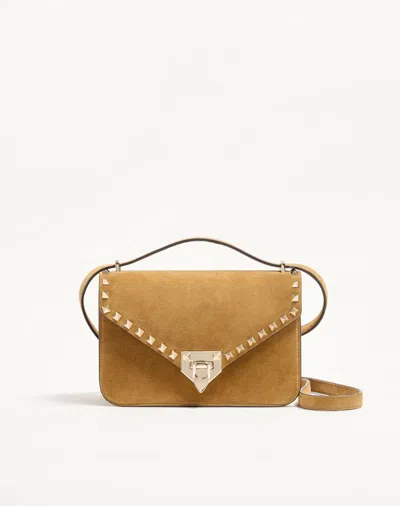 Valentino Garavani Rockstud Small Shoulder Bag In Suede Woman Havana Beige Uni In Brown