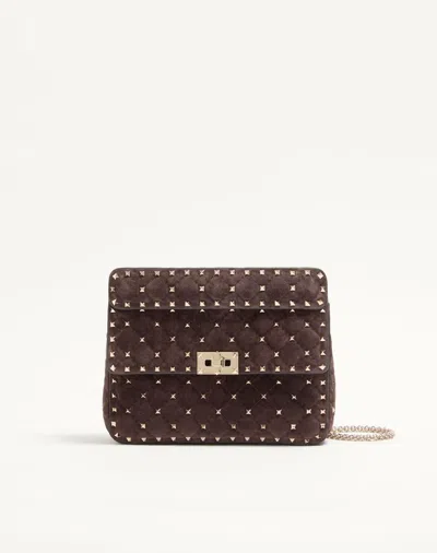 Valentino Garavani Rockstud Spike Medium Suede Bag Woman Ebony Uni In Brown