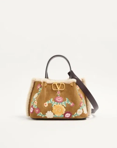 Valentino Garavani Small Shopping Bag In Embroidered Suede With Sheepskin Lining