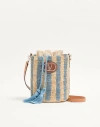 Valentino Garavani Small Bucket Bag In Raffia With Beige And Light Blue Stripes