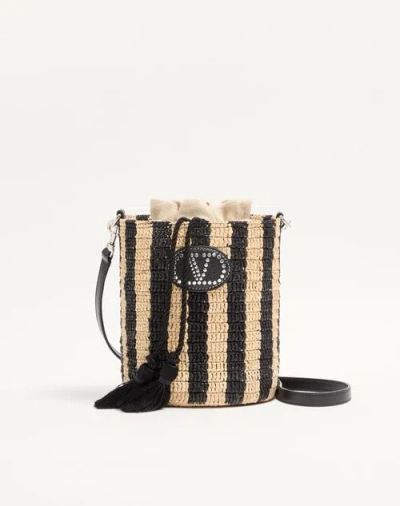 Valentino Garavani Small Striped Raffia Bucket Bag Woman Natural/black Uni
