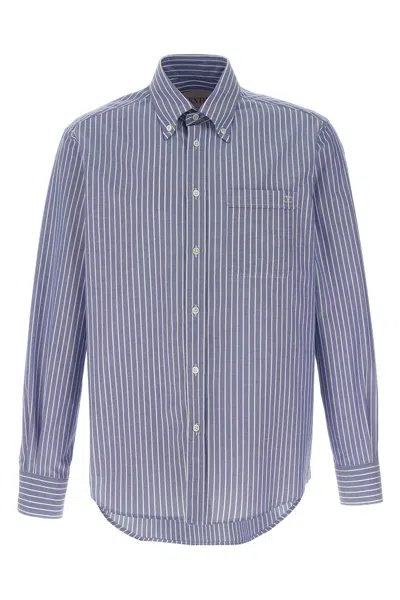 Valentino Logo Shirt With Vertical Stripes And Front Pocket In Blue