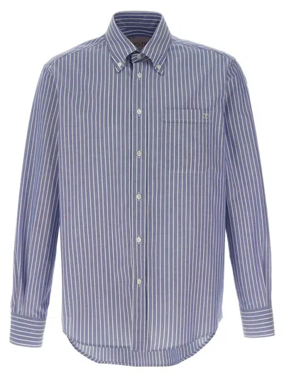 Valentino Logo Shirt With Vertical Stripes And Front Pocket In Blue