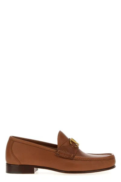 Valentino Garavani V-logo Embellished Full-grain Nubuck Loafers In Brown