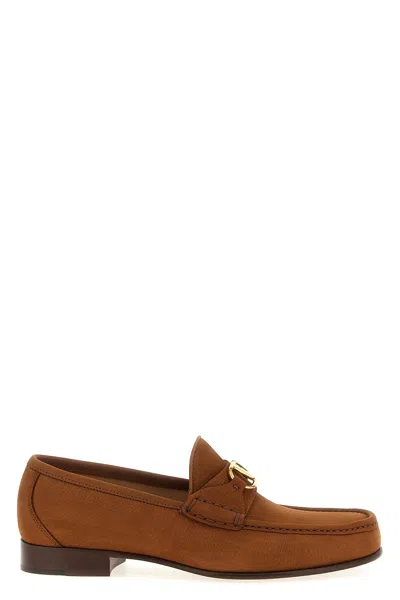 Valentino Garavani V-logo Embellished Full-grain Nubuck Loafers In Brown